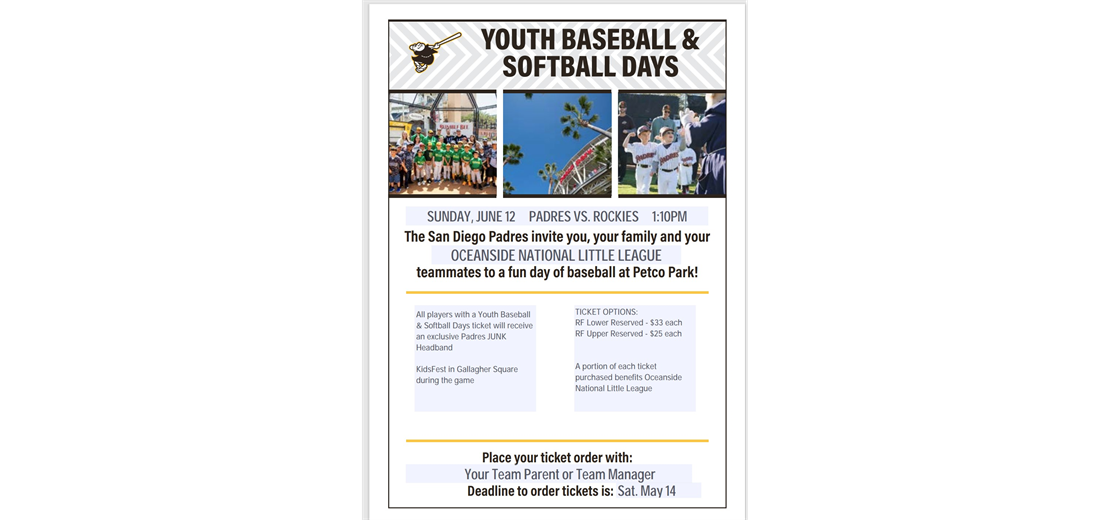  Little League Day at Petco Park the Padres vs. Rockies game on Sunday, June 12th @ 1:10 p.m